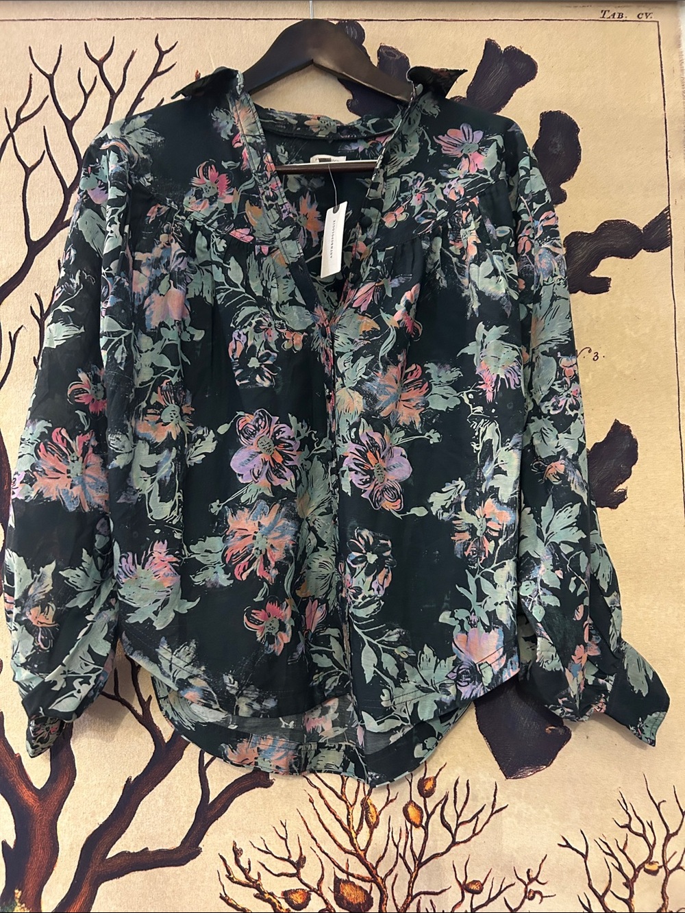Pilcro Black Floral V-Neck Blouse with Green & Pink Accents